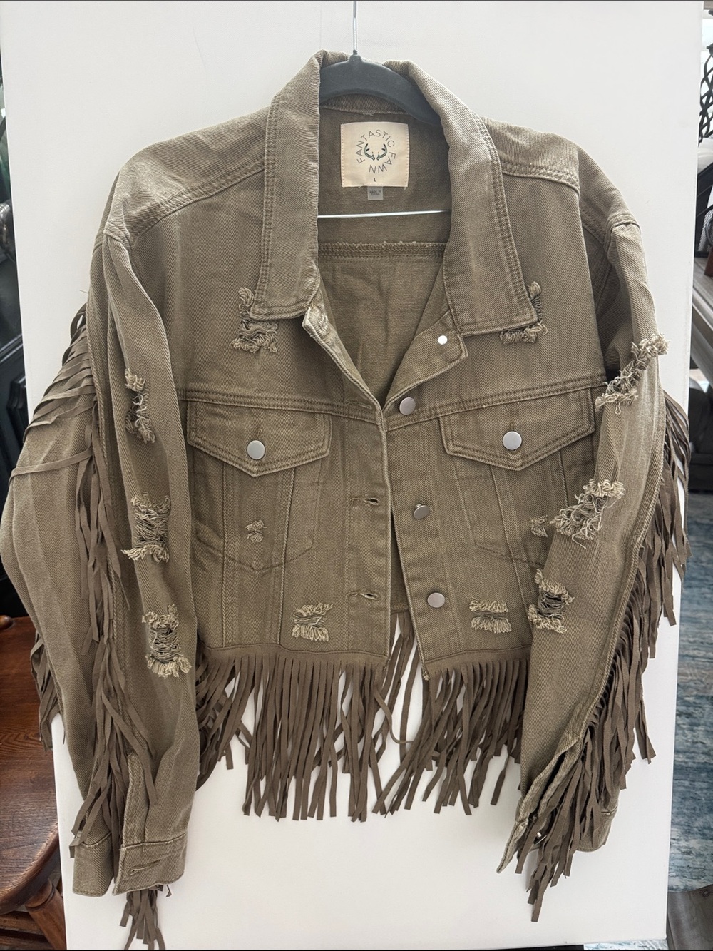 Fantastic Fawn Olive-Taupe Fringe Distressed Denim Jacket Size Large